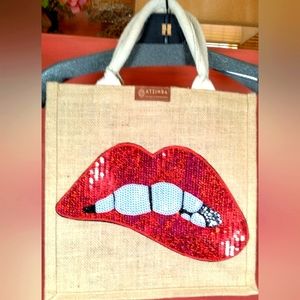Lips small square Jute Tote bag never used
